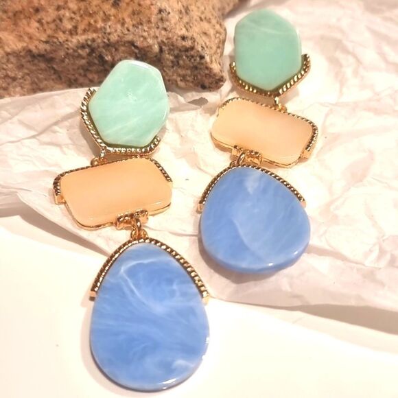 New ZARA earrings with Dangling Stones Geometric Modern Green Pink Blue - Picture 5 of 9